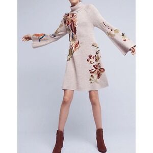 NWOT Anthropologie Knitted & Knotted Sweater Dress Bell Sleeve Embroidered XS